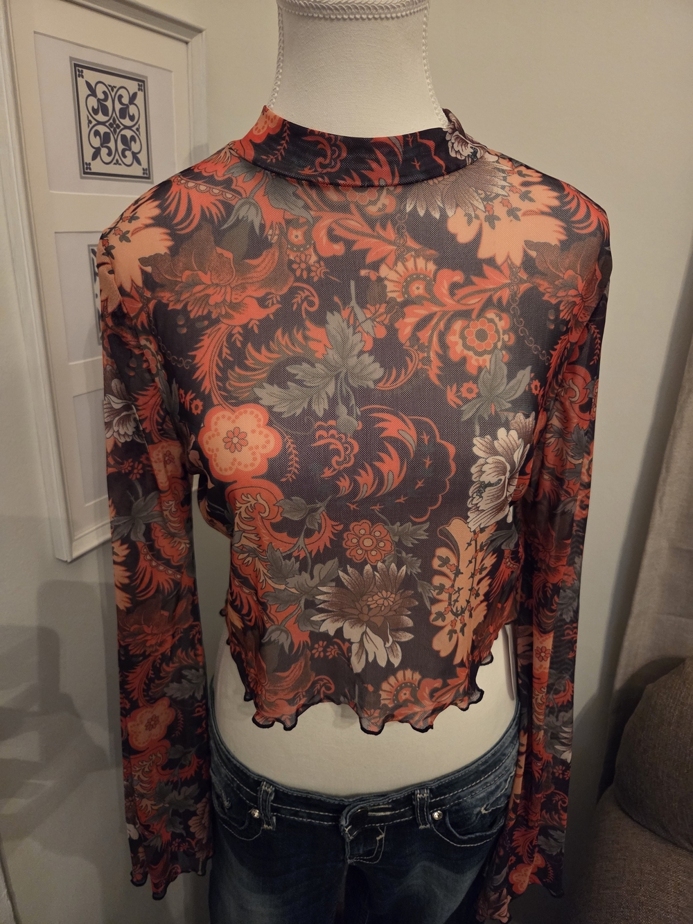 Mesh Lettuce Trim Boho Bell Sleeve Crop Top - Fall Colours - NWT